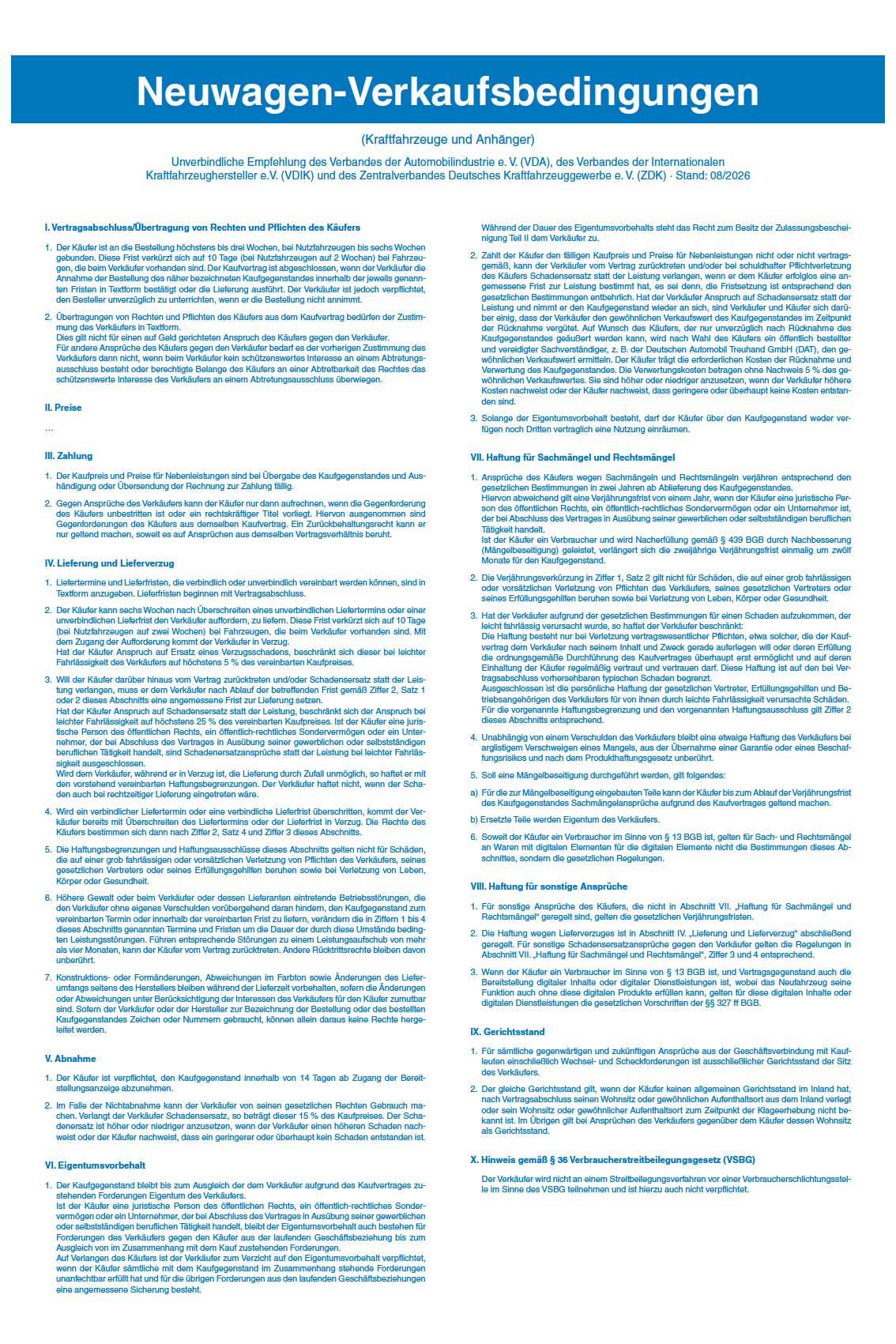 Tafel „Neuwagen-Verkaufsbedingungen" für Nichtmitglieder