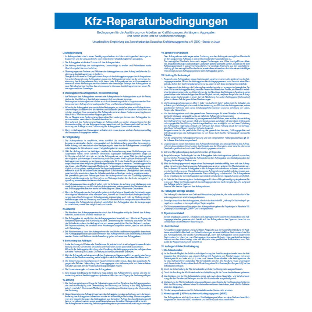Tafel „Kfz-Reparaturbedingungen“ für Nichtmitglieder